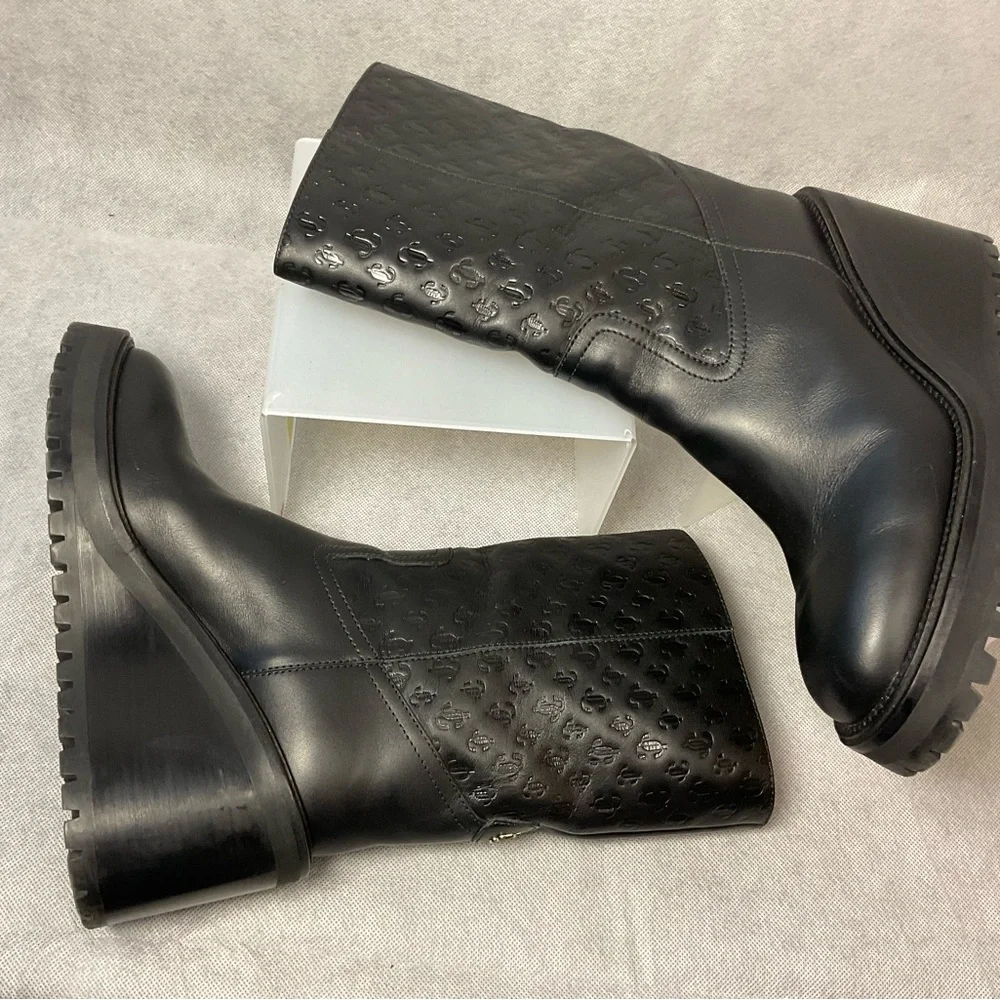 Jimmy Choo Monogram Embossed Leather Wedge Boots- Black- Barely Worn- Size 37.5 - Picture 7 of 14
